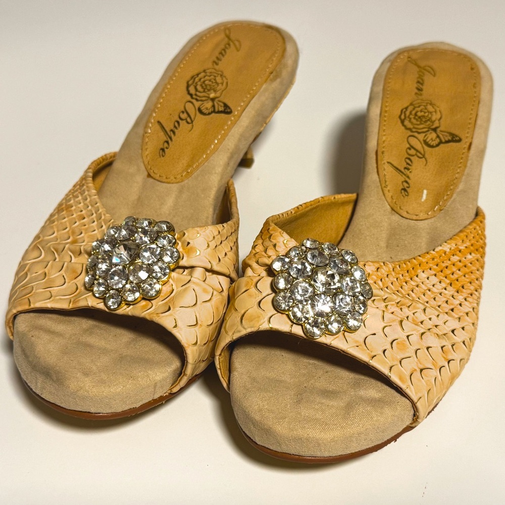 Joan Boyce Jeweled Toe Snake Skin Kitten Heels